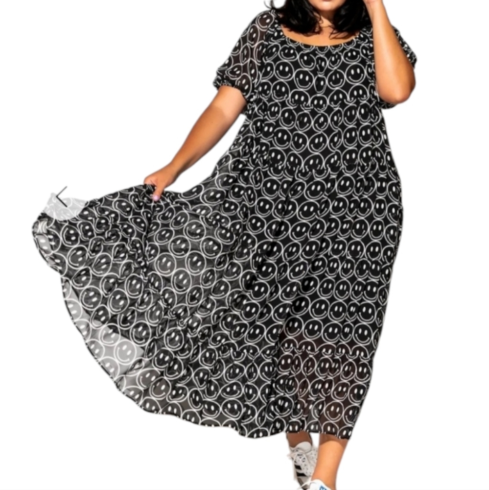 dressed in lala large black white smiley face lucky lady maxi dress current mood